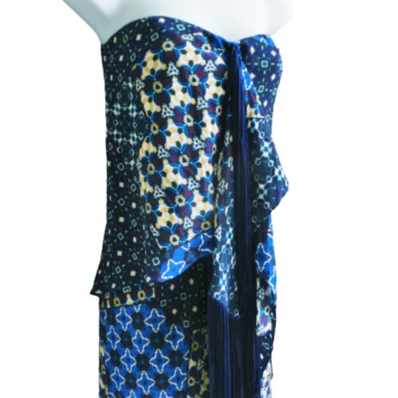 SiLK BCBGMaxAzria Strapless Asymmetrical Dress Enid Fringe Patchwork Boning 4 - Picture 9 of 11